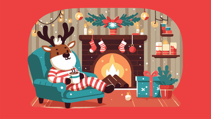 A reindeer character lounging in front of a fireplace, wearing striped pajamas and holding a cup of hot cocoa 8