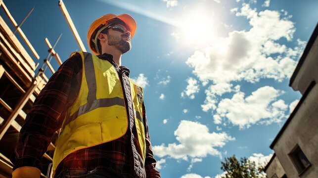 Construction worker beneath clear sky with sun shining
