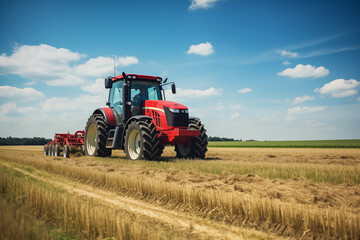 Obraz premium vibrant tractor working in vast field, cultivating land under bright blue sky with fluffy clouds. agricultural life concept