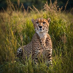 Fototapeta premium A cheetah lying in tall grass, surrounded by vibrant jungle flora. 