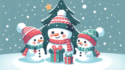 A cute snowman family wearing scarves and hats, exchanging gifts under a snow-covered pine tree. Their carrot noses and coal smiles express joy 2