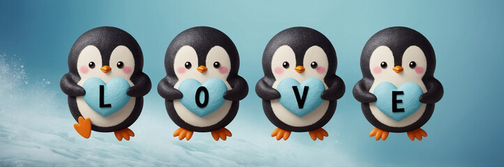 Fototapeta premium LOVE - Cute Cartoon Penguins Holding Blue Hearts with LOVE Letters for Romantic Decor