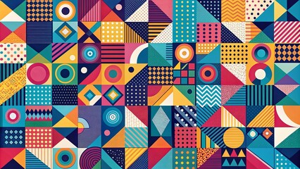 Obraz premium A vibrant tapestry of geometric patterns in a kaleidoscope of colors, forming a mesmerizing abstract design.