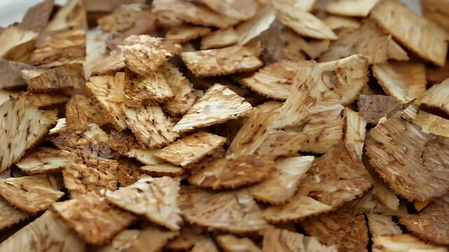 enchanting visual wood chips designed barbecuing shown closeup 4K video featuring clockwise rotation that highlights rich texture hardwood alder ideal smoking woodchips dry splinter