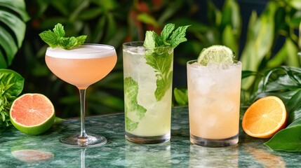 Refreshing Cocktails with Mint and Citrus Garnish on Marble Table