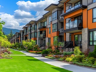 Obraz premium A row of apartment buildings with a green lawn in front of them. The buildings are orange and brown