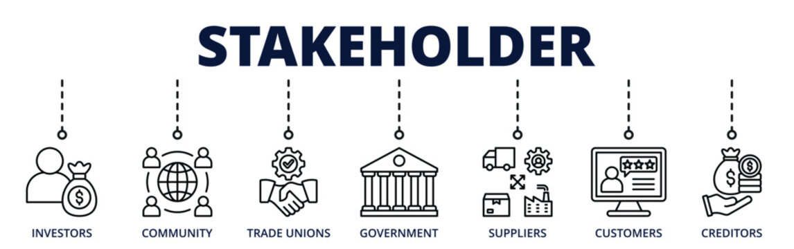 Stakeholder banner web icon for business with investors, community, trade unions, government, supplier, customer, creditor