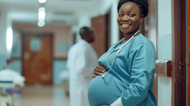 Care and resilience concept. African-American pregnant doctor or nurse in medical uniform in a hospital setting, showcasing dedication and maternal strength. Balancing healthcare duties with pregnancy