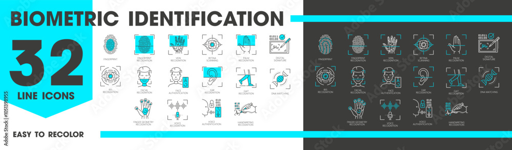 Poster biometric identification, recognition and verification line icons. vector outline face and fingerpri