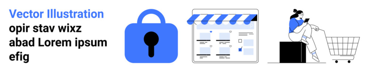 A blue padlock next to an online storefront signifies secure online shopping. A person using a phone in a shopping cart highlights digital commerce. Ideal for e-commerce, cybersecurity, online