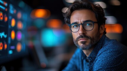 Obraz premium A Man Wearing Glasses Gazing at the Camera with Blurred Background Lights
