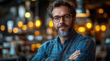 Obraz premium Portrait of a man with a beard and glasses, wearing a plaid shirt, in a cafe setting