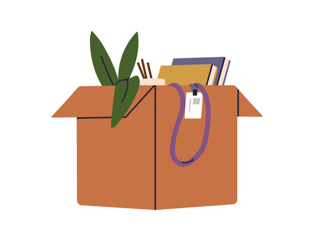 Cardboard box with office stuff, personal belongings. Work items packed for job change, moving. Carton package with plant, books, name badge. Flat vector illustration isolated on white background