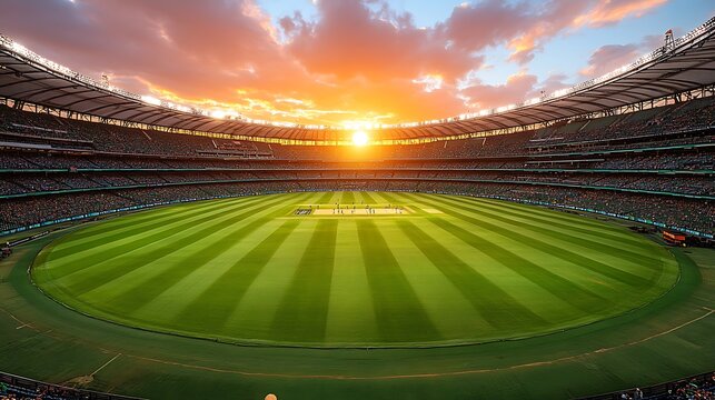 Spectacular sunset over a cricket stadium a majestic view of the game under the golden sky