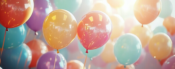 Bright and colorful balloons floating at a party, soft-focus backdrop with pastel hues, sunlight filtering through, playful and lively ambiance, shiny balloon surfaces reflecting