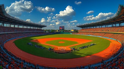 Vibrant baseball stadium under a clear blue sky filled with fluffy clouds and enthusiastic fans watching the game