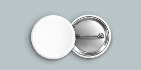 White blank pin button mockup. Round badge vector. 3d metal circle promotional brooch mock up design with shadow. Clean tag top and bottom for campaign advertising. Member name label space frame