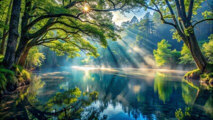 Fototapeta premium Sunbeams pierce through the canopy, illuminating a serene forest river with misty air and a reflection of the surrounding foliage.