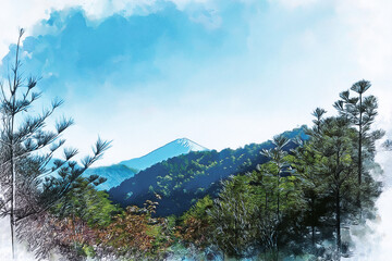 Images of clear blue skies and Japanese alpine mountains