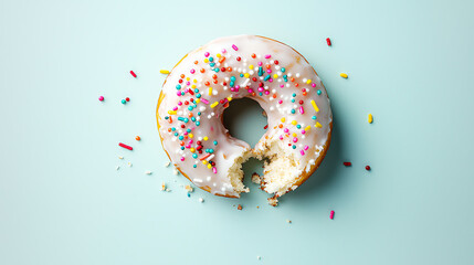 Partially eaten donut with white icing and colorful sprinkles, macro shot on a minimal background, focus on the bite marks and soft cake crumbs for a tempting visual space for text