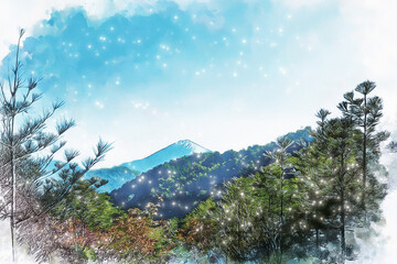 Images of clear blue skies and Japanese alpine mountains