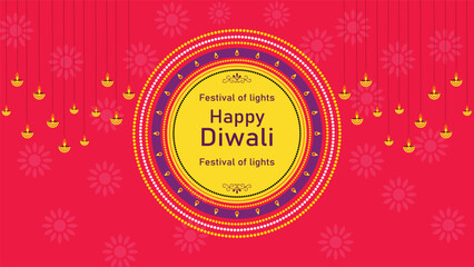 Happy Diwali festival banner design with decoration of hanging illuminated oil lamps and lights on beautiful pinkish red background for Diwali Celebration