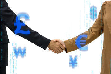Two people in suit are shaking hand, symbolizing agreement and partnership, with numeric digits and various currency symbol scattered around.