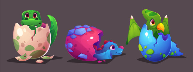 Set of baby reptiles hatching from eggs isolated on black background. Vector cartoon illustration of cute little dinosaur, dragon, pterodactyl in color eggshell, newborn prehistoric animal mascots © klyaksun