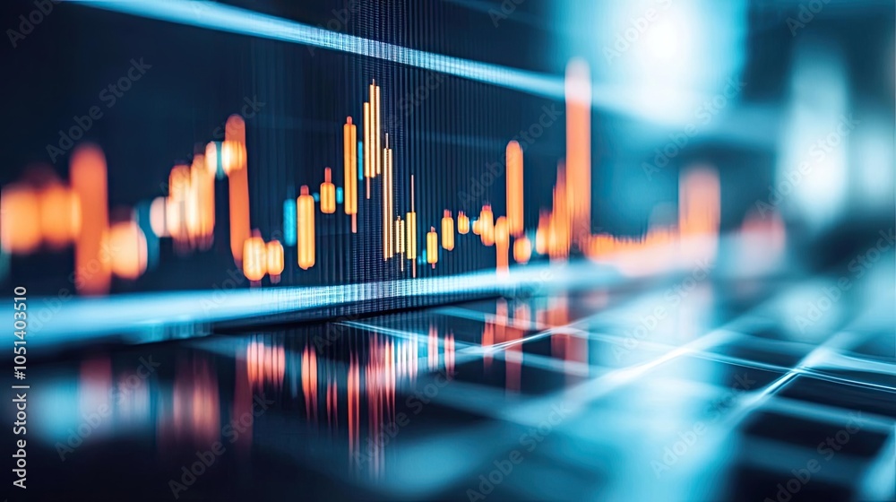 Poster abstract financial chart with glowing lines and bars on a sleek digital background.