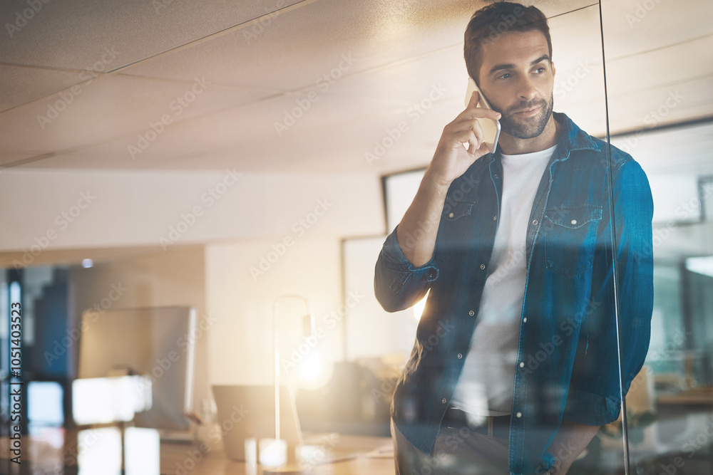 Poster man, phone call and thinking at night in office with overtime, update and good news with progress at