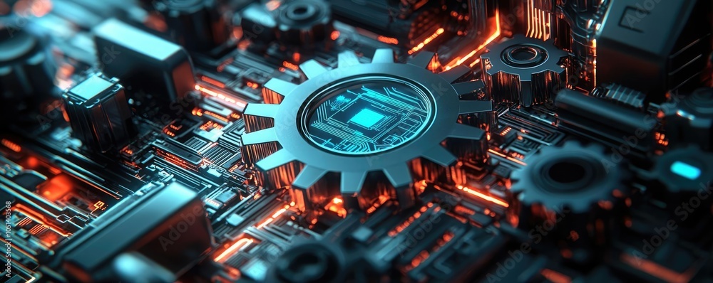 Poster Close-up of a mechanical gear in a circuit board setting on a dark background.