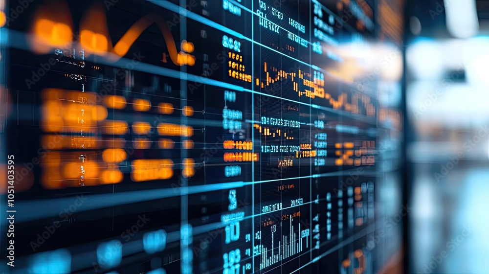 Aufkleber Close-up of digital stock market graph on screen with data and charts.