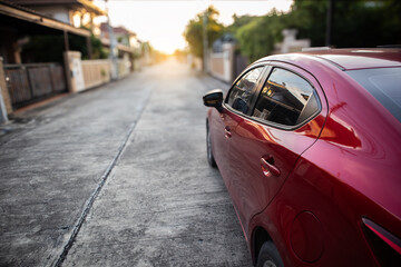 close up car on street automotive roadtrip on sunset background for transport, travel of nature to vehicle auto landscape light the sun for travel journey trip summer and lifestyle