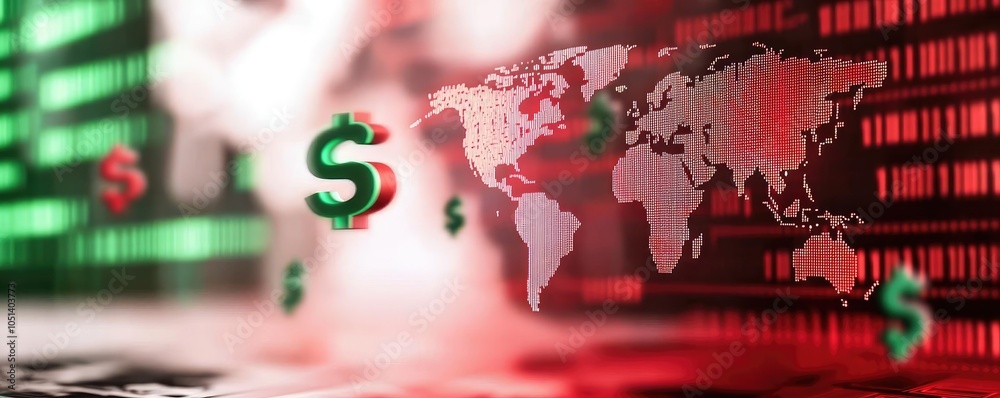 Poster global currency exchange with world map, dollar signs and digital data.