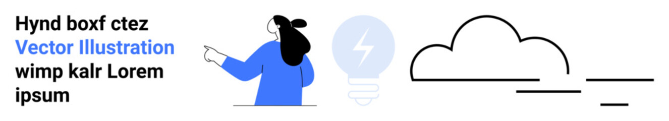 Person in blue pointing at a white light bulb with bolt symbol. Cloud with horizontal lines nearby. Ideal for creativity, innovation, futuristic themes, brainstorming, technology. Banner for landing