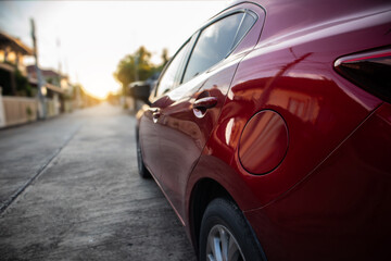 close up car on street automotive roadtrip on sunset background for transport, travel of nature to...