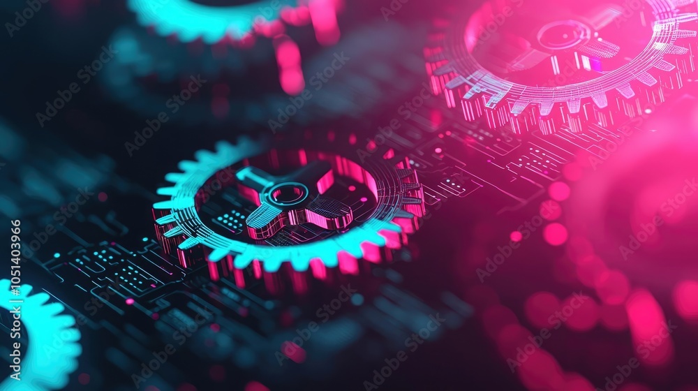 Poster colorful gears with high-tech backdrop, illuminated in pink and blue tones.