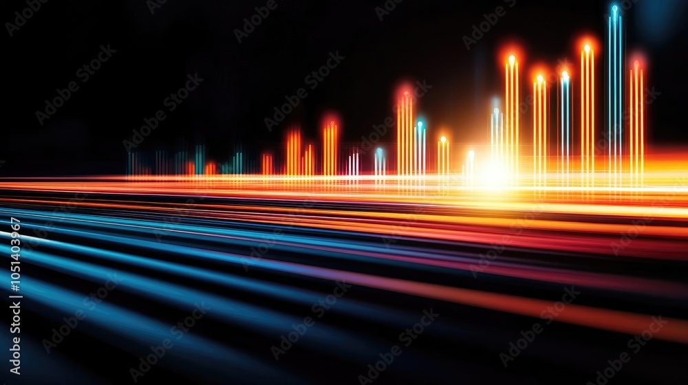 Poster Colorful light trails and abstract patterns on a dark background.