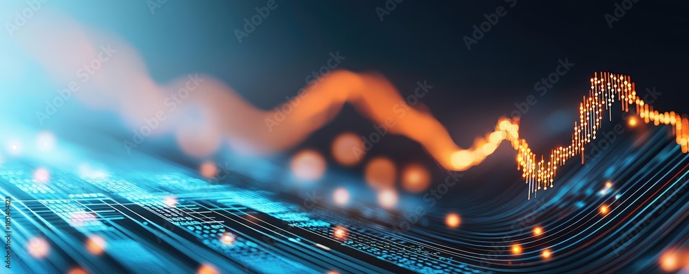 Aufkleber Abstract digital wave pattern with glowing lights and data visualization.