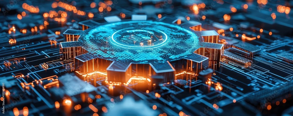 Poster futuristic circuit board with glowing elements, white isolate background