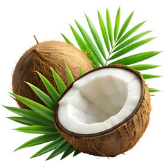 Fresh sweet coconut with half and leaves isolated on a transparent background