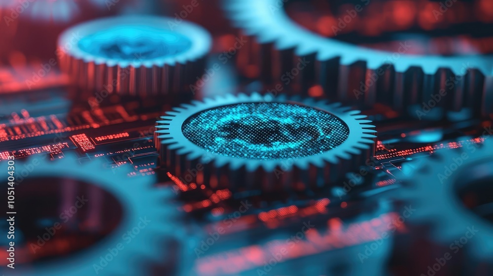 Poster close-up of gears with a blue and red futuristic design, isolated on a dark background.