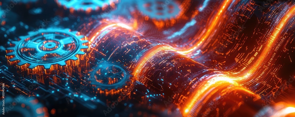 Poster futuristic gears with glowing light effects on a dark background.
