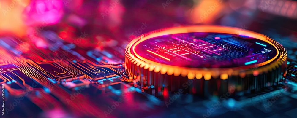 Poster close-up of a microchip with colorful light effects, white isolate background.