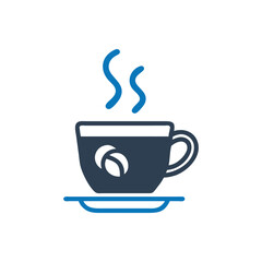 Coffee cup with steam and plate icon on white background