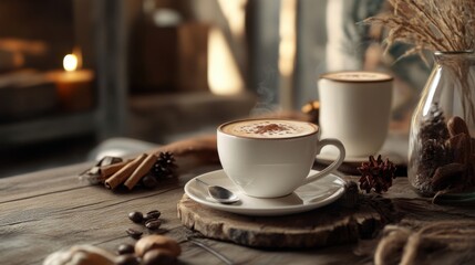 Holiday setup with cappuccino warm mood