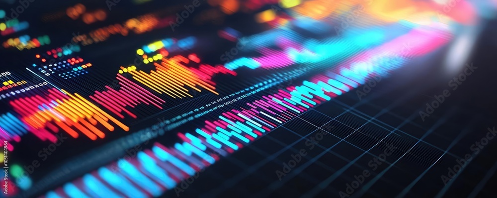Poster colorful data visualization on a digital graph with vibrant details, dark background.