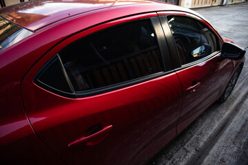 Fototapeta premium close up car on street automotive roadtrip on sunset background for transport, travel of nature to vehicle auto landscape light the sun for travel journey trip summer and lifestyle