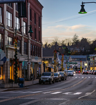 Main Street in Mystic, Connecticut on Thanksgiving Day