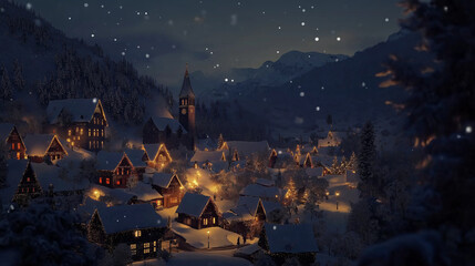Snowy Christmas Village Night Scene with Stars and Falling Snow, Winter Holiday Background